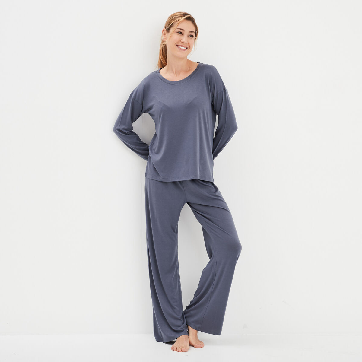 Ensemble pyjama pantalon 2 pi&egrave;ces bleu gris femme