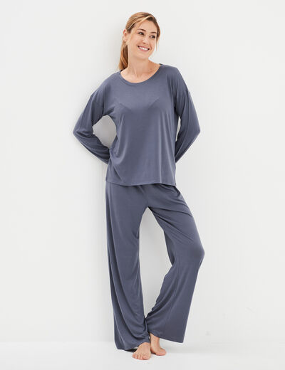 Ensemble pyjama pantalon 2 pièces bleu gris femme