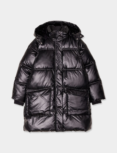 Doudoune longue à capuche fourrée noir fille