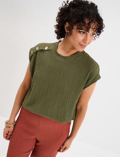 T-shirt col rond avec boutons vert kaki femme