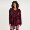 Peignoir mi-long effet polaire ceintur&eacute; prune femme
