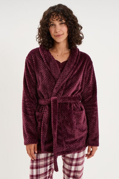 Peignoir mi-long effet polaire ceintur&eacute; prune femme