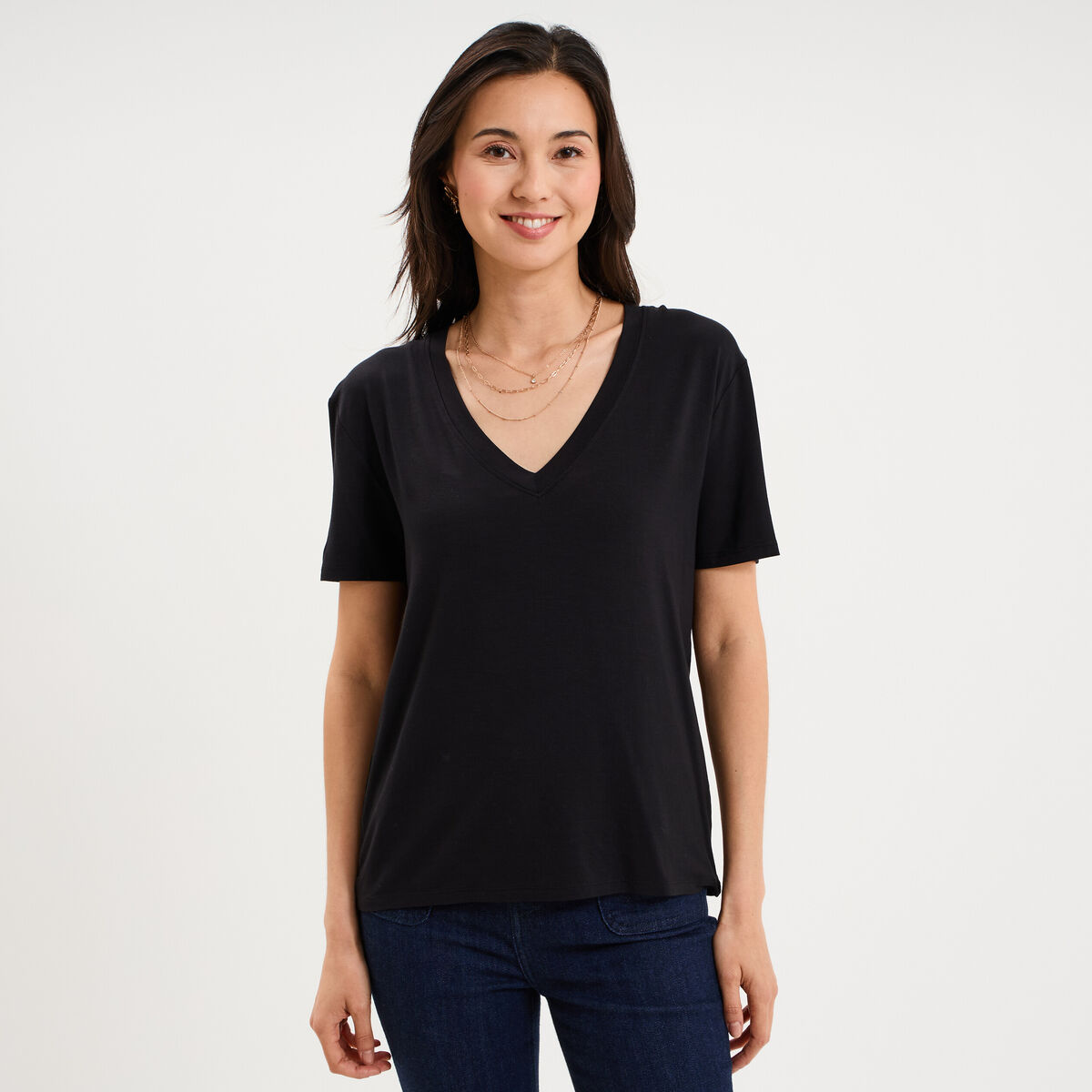 T-shirt fluide col en V manches courtes noir femme