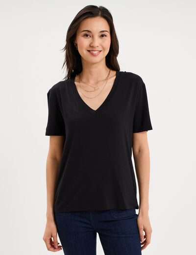 T-shirt fluide col en V manches courtes noir femme