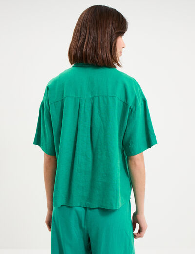 Chemise manches courtes lin m&eacute;lang&eacute; vert canard femme
