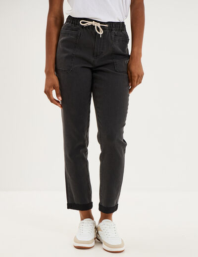 Jeans droit cropped taille &eacute;lastiqu&eacute;e denim noir femme