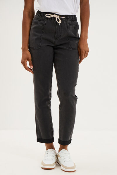Jeans droit cropped taille &eacute;lastiqu&eacute;e denim noir femme