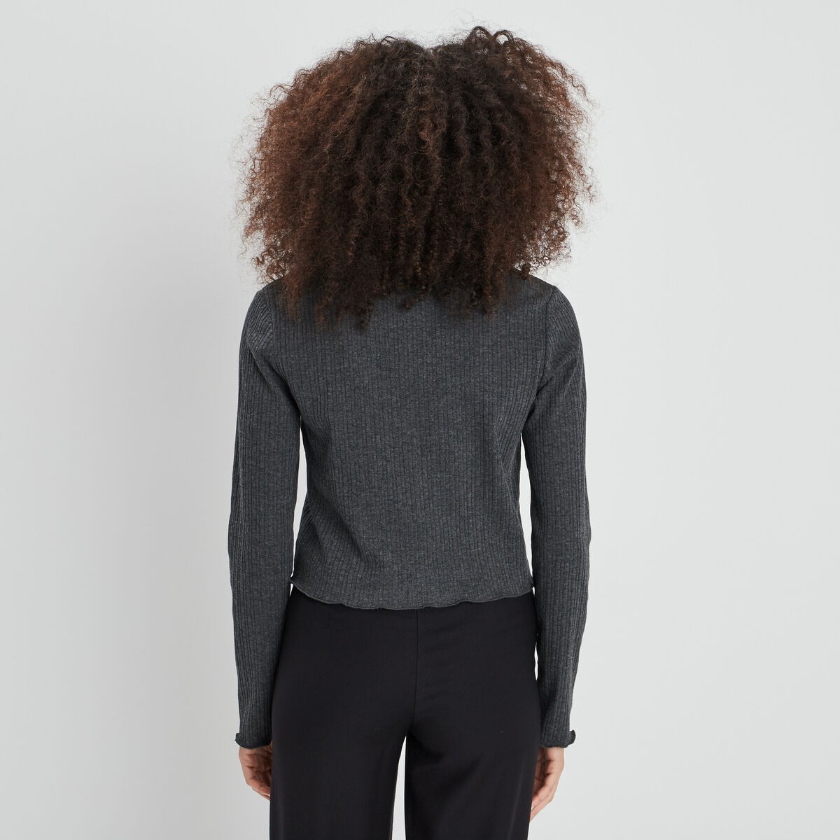 T-shirt côtelé avec col en V gris foncé femme