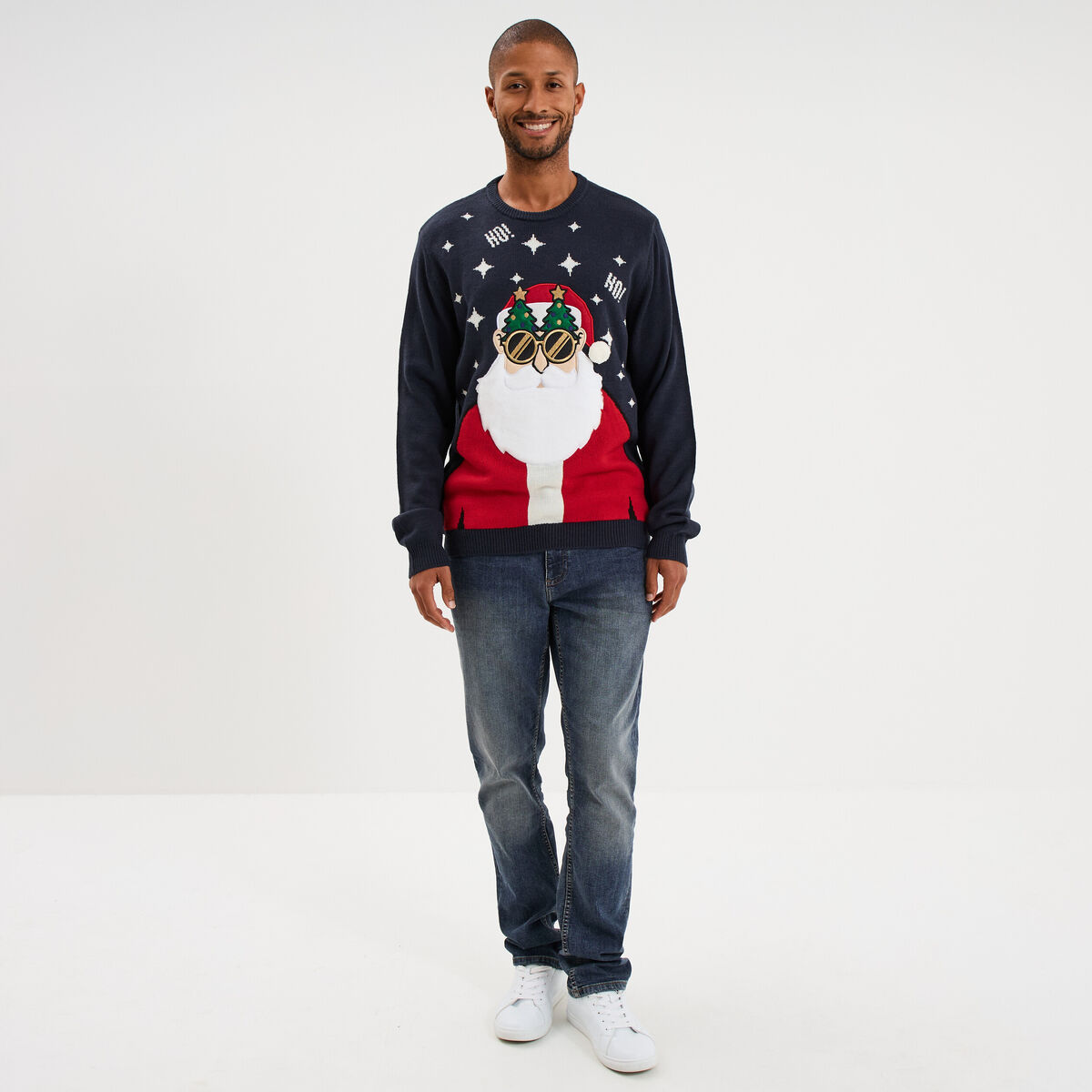 Pull de No&euml;l manches longues bleu marine homme