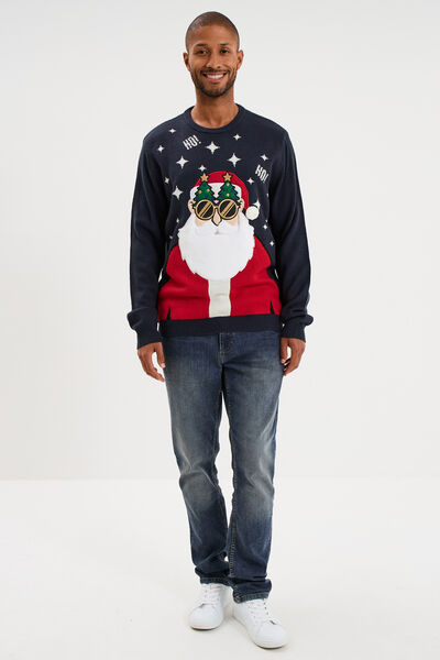 Pull de No&euml;l manches longues bleu marine homme