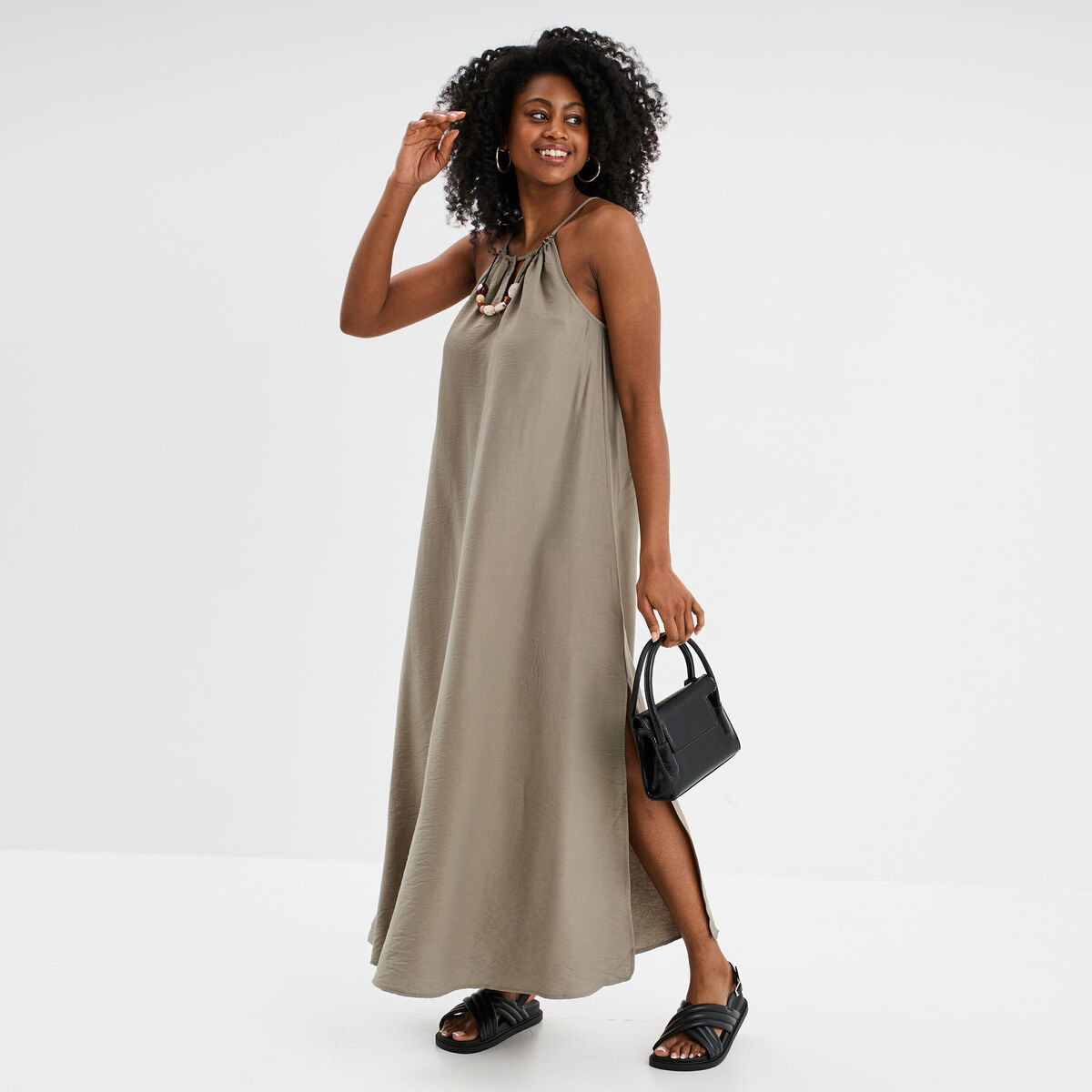 Robe longue col bijou amovible vert kaki femme