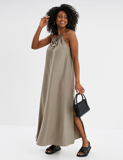 Robe longue col bijou amovible vert kaki femme