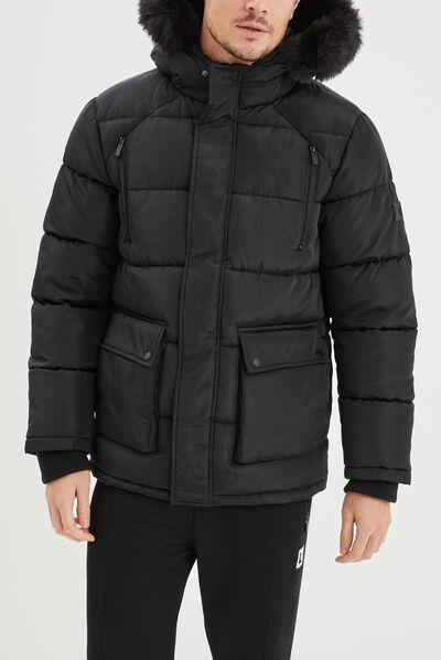 Doudoune à capuche doublure fourrure noir homme