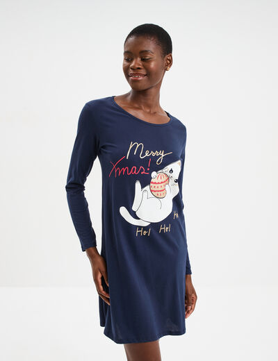 Chemise de nuit manches longues coton bleu marine femme
