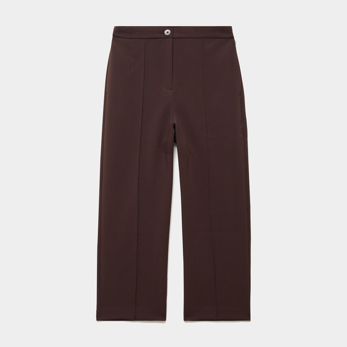 Pantalon droit cropped taille haute marron fonc&eacute; femme