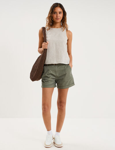 Short chino ceinture tress&eacute;e vert kaki femme