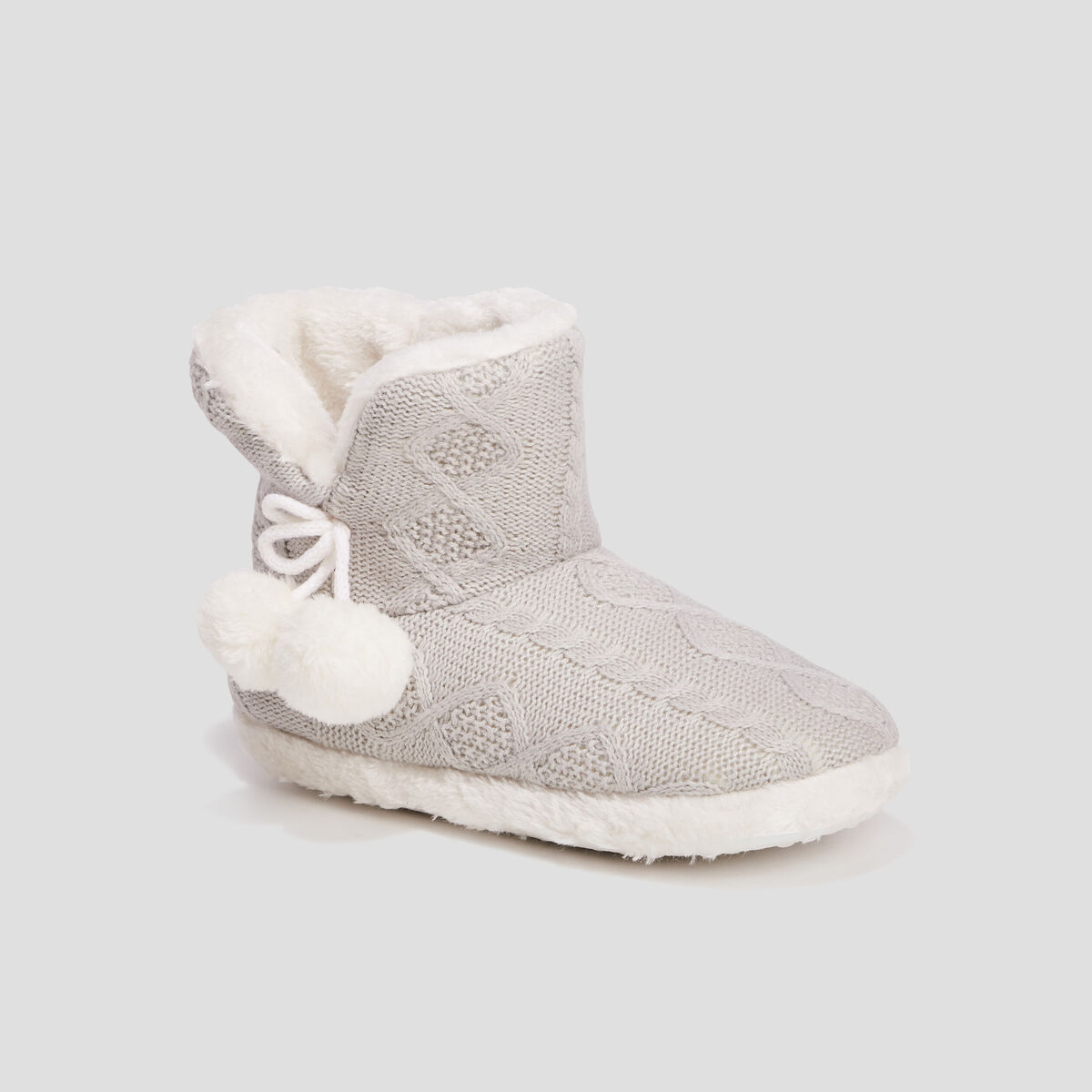 Chaussons bottines avec pompons gris femme