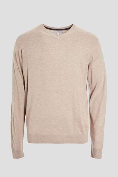 Pull avec col en V sable homme