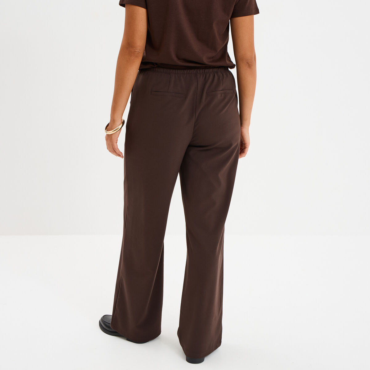 Pantalon large &eacute;lastiqu&eacute; marron fonc&eacute; femme