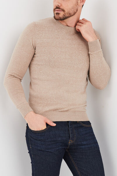 Pull droit col rond coton m&eacute;lang&eacute; beige homme