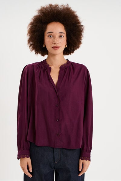 Blouse manches longues col dentelle violet fonc&eacute; femme