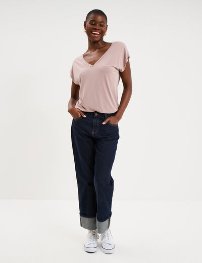 T-shirt col en V manches courtes marron clair femme