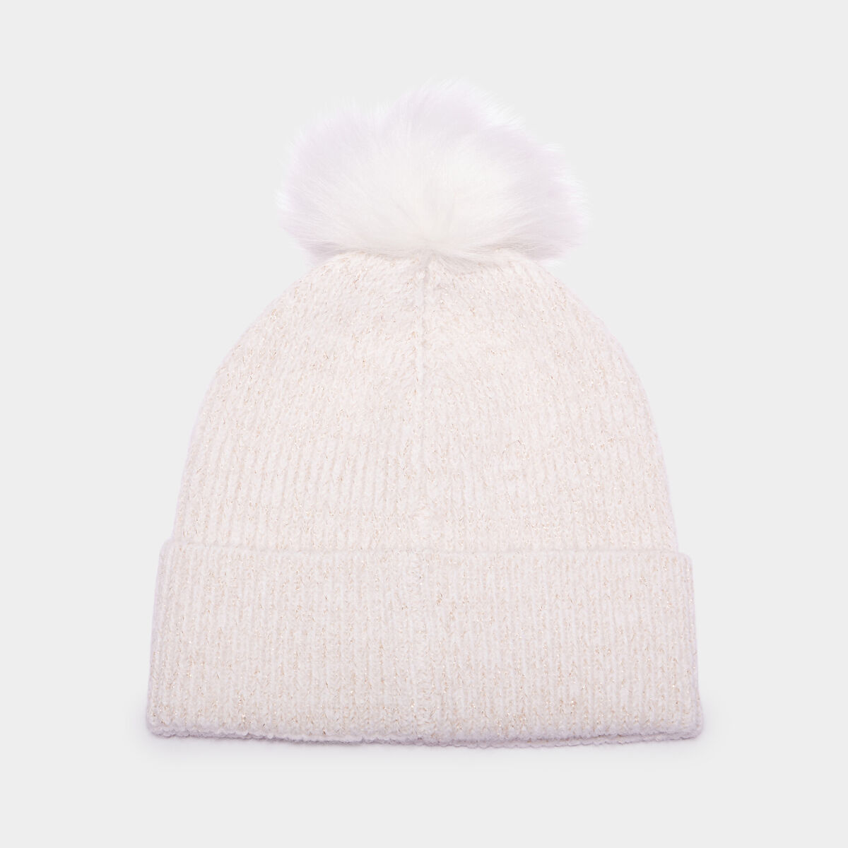 Bonnet &agrave; pompon fausse fourrure ivoire fille