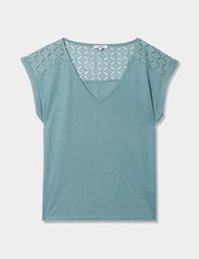 T-shirt col en V ajour&eacute; &eacute;paules et dos bleu gris femme