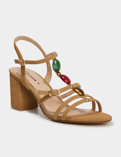 Sandales &agrave; talons 7 cm su&eacute;dine et bijoux sable femme