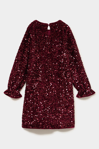 Robe courte &agrave; sequins manches longues bordeaux fille
