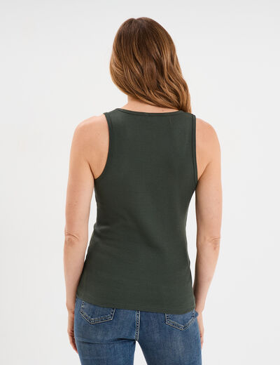 Débardeur col rond côtelé coton vert kaki femme