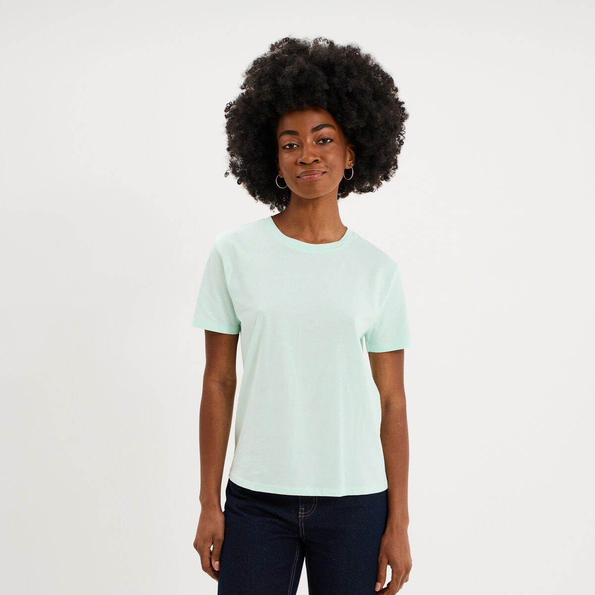 T-shirt col rond manches courtes coton vert clair femme
