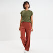 T-shirt gaufr&eacute; col rond avec boutons vert kaki femme