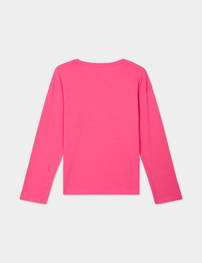 T-shirt col rond manches longues coton rose fushia fille