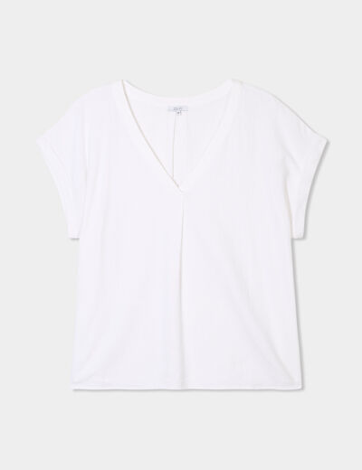 Blouse col V manches courtes mélange lin blanc femme grande taille