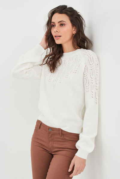 Pull manches ballons détails ajourés sable femme