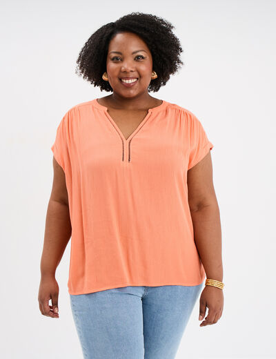 Blouse col en V manches courtes rose corail femme grande taille