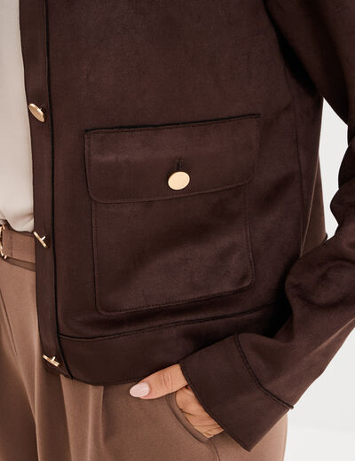Veste boutonn&eacute;e effet su&eacute;dine marron fonc&eacute; femme