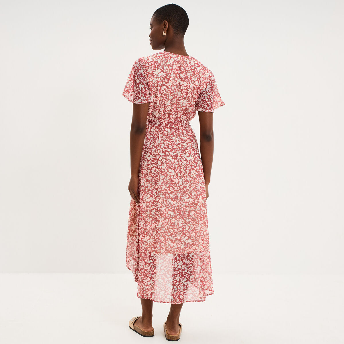 Robe longue &eacute;vas&eacute;e col cache-coeur rose femme