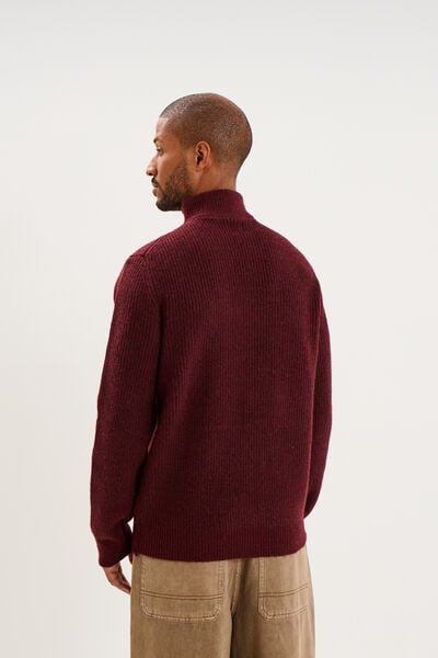 Pull avec col camionneur c&ocirc;tel&eacute; prune homme