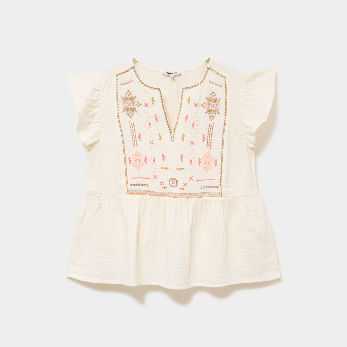 Blouse brod&eacute;e manches volants coton creme femme