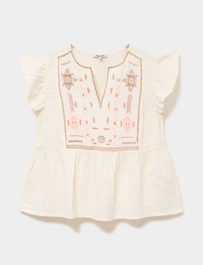 Blouse brod&eacute;e manches volants coton creme femme