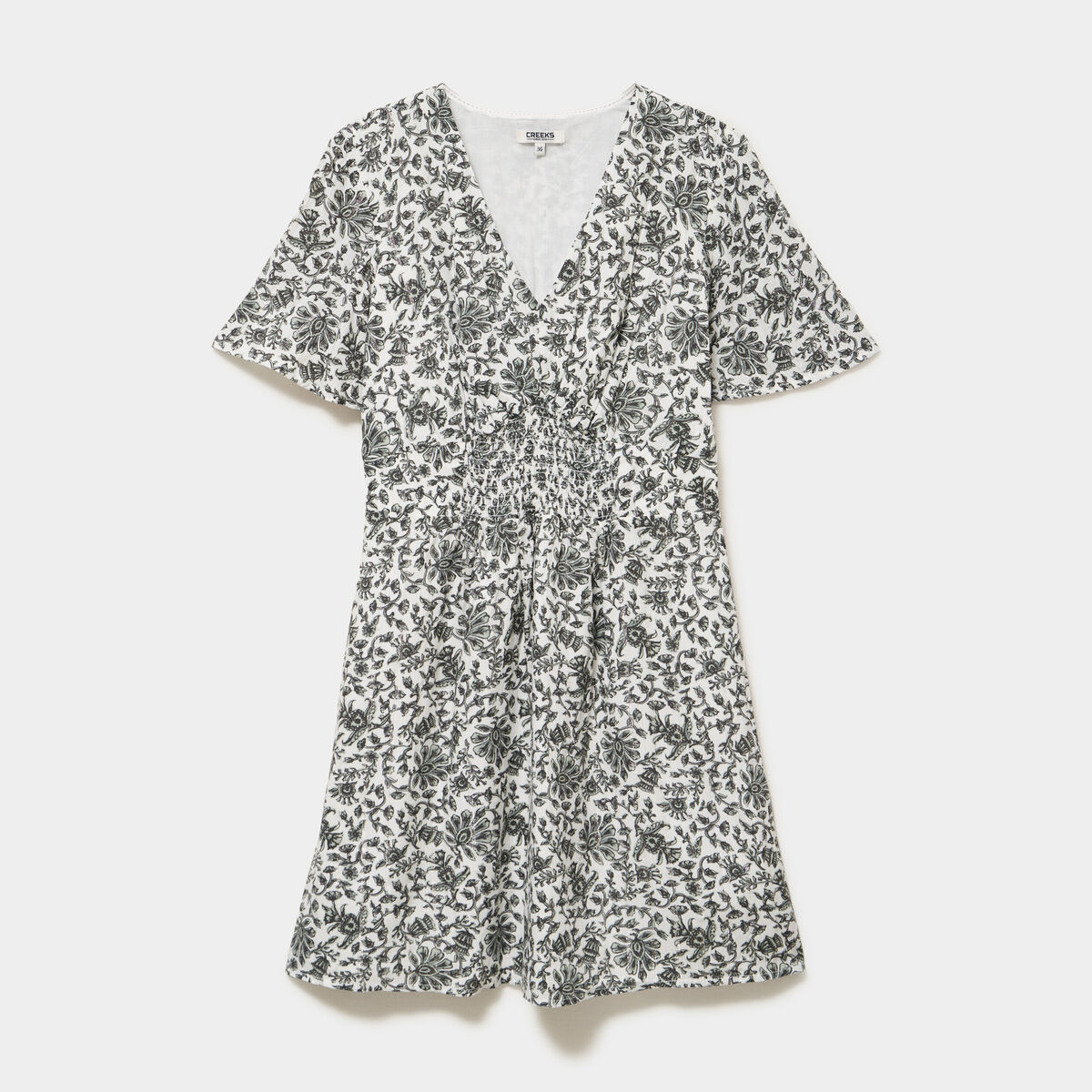 Robe courte col en V taille smock&eacute;e ecru femme