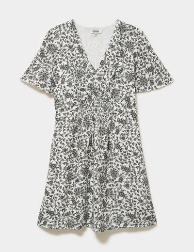 Robe courte col en V taille smock&eacute;e ecru femme