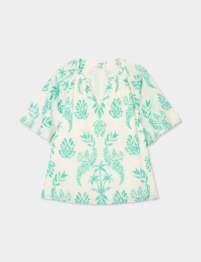 Blouse manches courtes papillons coton ecru femme