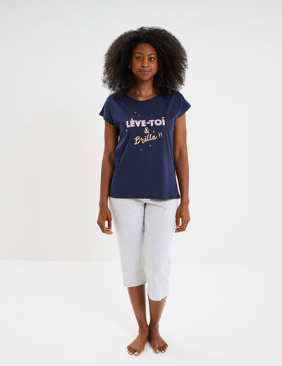 Ensemble pyjama corsaire t-shirt coton bleu marine femme