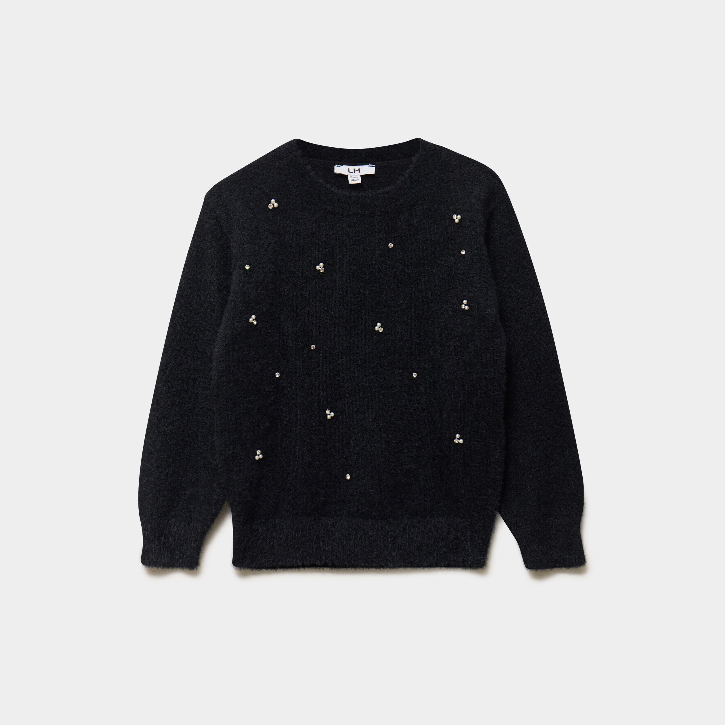 Pull droit col rond à strass et perles noir fille LH
