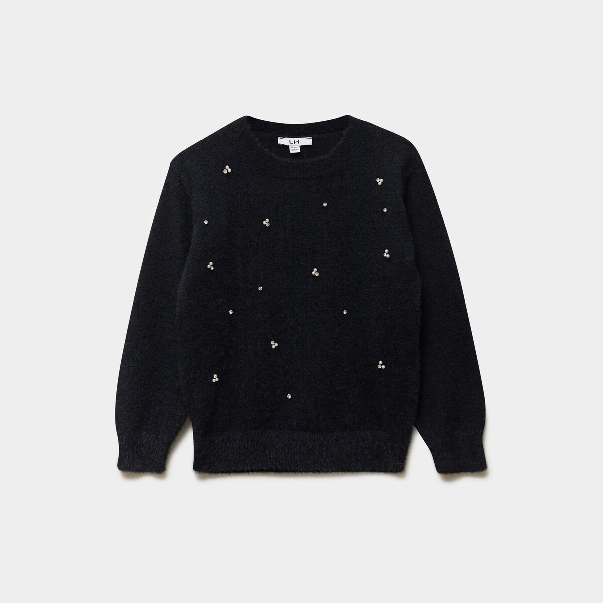 Pull droit col rond &agrave; strass et perles noir fille