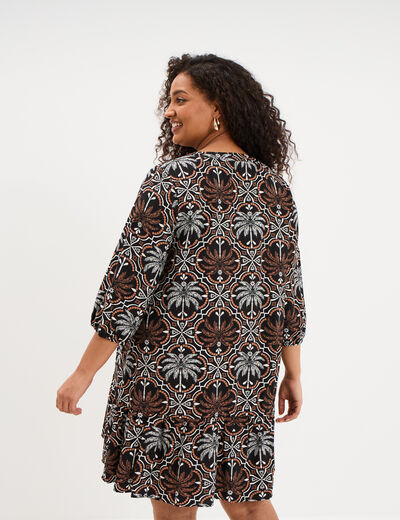 Robe courte col tunisien manches 3/4 noir femme grande taille