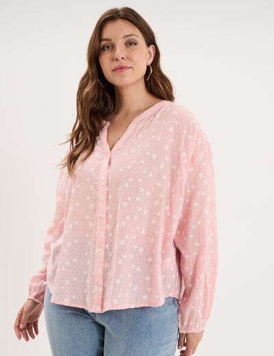 Blouse brod&eacute;e manches ballons rose femme grande taille